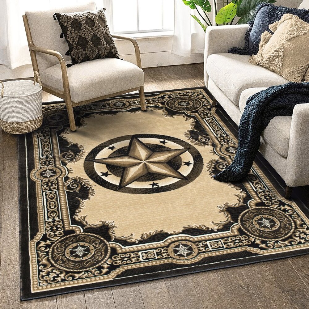 Allstar 5x7 Bordered Texas Star Area Rug in Black